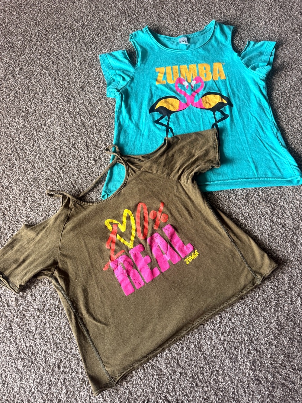 Zumba Fitness Girls' Teal Flamingo Graphic Cold-Shoulder Top Set of 2